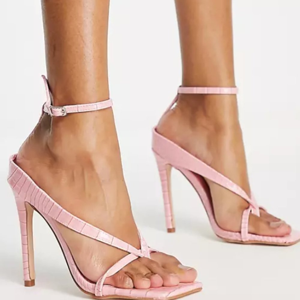 Pink Croc Square Toe Heels